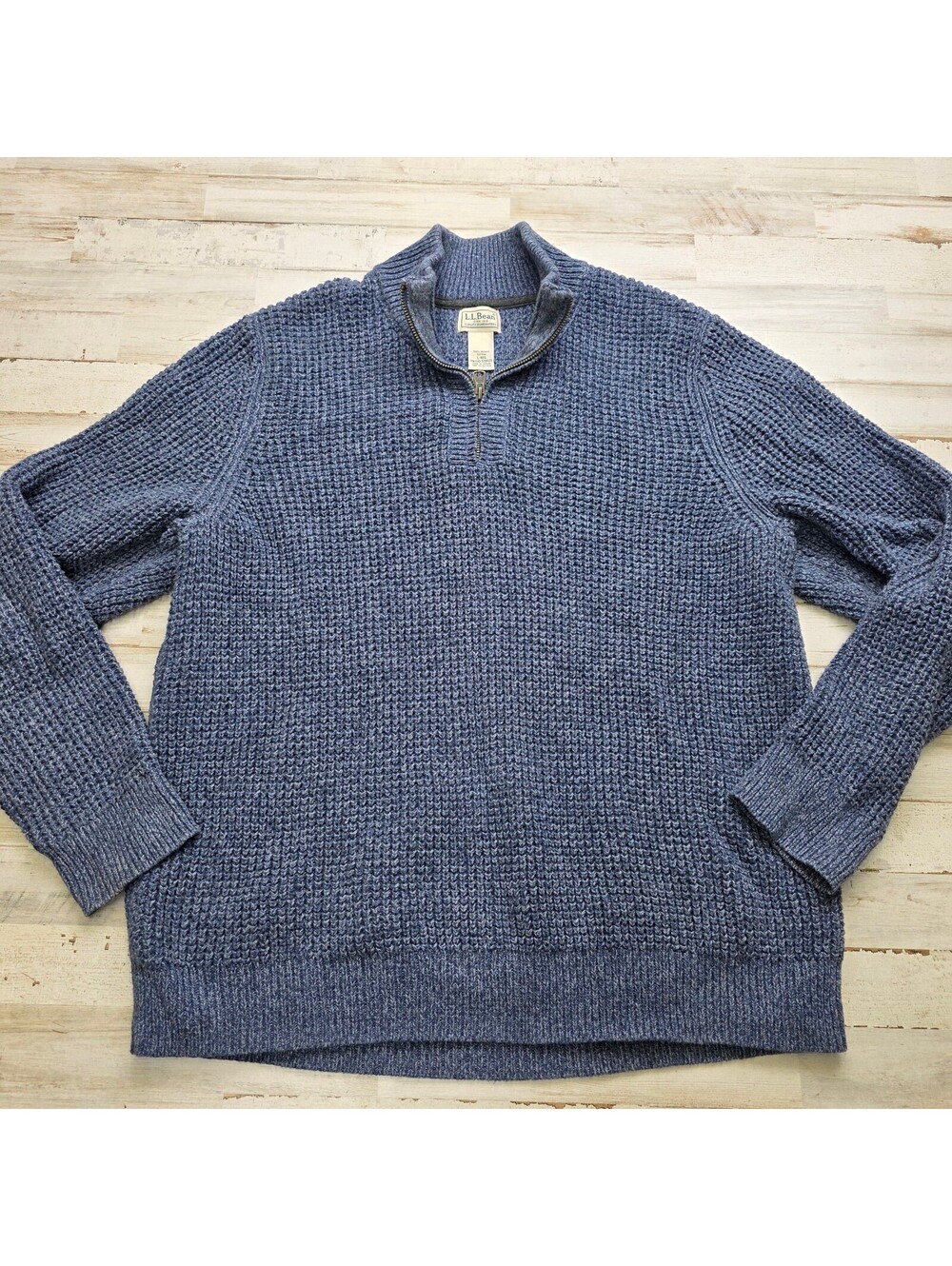 L.L.Bean Men's L Blue Organic Cotton Half Zip Pullover Sweater Textured Knit